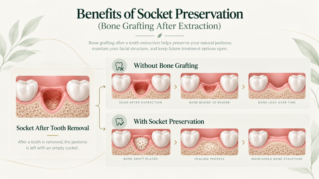 Infographic showing the benefits of socket preservation with bone grafting after tooth extraction, comparing bone loss without grafting and maintained bone with grafting.